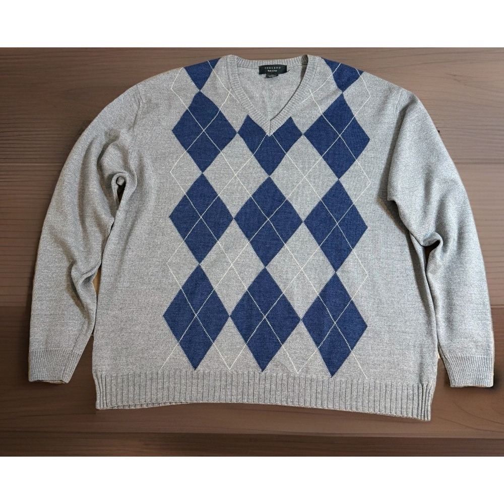 Toscano Sweater Mens XXL Gray Blue Argyle Merino Wool Blend Pullover Knit Warm
